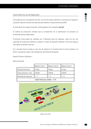 Centro Tecnológico del Mueble y la Madera de la Región de Murcia
APLICACIONES A CASOS REALES
79
CASO PRÁCTICO DE OPTIMIZACIÓN.
Una pregunta que nos podemos formular a la hora de querer optimizar un proceso es la siguiente:
¿Cuántas máquinas necesito de cada tipo para obtener el mayor beneficio posible?
A continuación se muestra la solución a esta pregunta con el siguiente ejemplo.
El sistema de producción utilizado para la comprensión de la optimización de procesos se
comprende de dos subprocesos.
El proceso inicial puede ser realizado por 2 diferentes tipos de máquinas, cada una con una
velocidad de producción diferente y también un costo de operación diferente. El tipo de máquina
más rápido es también más caro.
En el proceso final se evalúa un solo tipo de máquina. El inventario entre el primer proceso y el
último no puede ser mayor a 30 unidades por restricciones de espacio.
Nuestro Proceso a Optimizar…
Datos de partida:
Máquina Tipo A Máquina Tipo B Máquina Tipo C
Tiempo producción 10 seg. 18 seg. 13 seg.
Coste operación / hora 4.000 € 2.600 € 3.200 €
Cantidad de máquinas 1 – 7 1 - 5 1 – 8
Coste Venta por unidad = 45 €
Imágen del modelo.
 