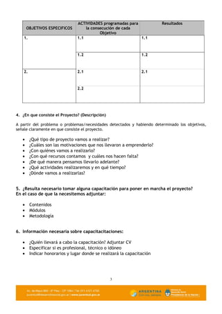 ACTIVIDADES programadas para            Resultados
       OBJETIVOS ESPECIFICOS         la consecución de cada
                                            Objetivo
    1.                           1.1                          1.1



                                 1.2                             1.2



    2.                           2.1                             2.1



                                 2.2




4. ¿En que consiste el Proyecto? (Descripción)

A partir del problema o problemas/necesidades detectados y habiendo determinado los objetivos,
señale claramente en que consiste el proyecto.

   •     ¿Qué tipo de proyecto vamos a realizar?
   •     ¿Cuáles son las motivaciones que nos llevaron a emprenderlo?
   •     ¿Con quiénes vamos a realizarlo?
   •     ¿Con qué recursos contamos y cuáles nos hacen falta?
   •     ¿De qué manera pensamos llevarlo adelante?
   •     ¿Qué actividades realizaremos y en qué tiempo?
   •     ¿Dónde vamos a realizarlas?


5. ¿Resulta necesario tomar alguna capacitación para poner en marcha el proyecto?
En el caso de que la necesitemos adjuntar:

   •     Contenidos
   •     Módulos
   •     Metodología


6. Información necesaria sobre capacitacitaciones:

   •     ¿Quién llevará a cabo la capacitación? Adjuntar CV
   •     Especificar si es profesional, técnico o idóneo
   •     Indicar honorarios y lugar donde se realizará la capacitación




                                                 3
 
