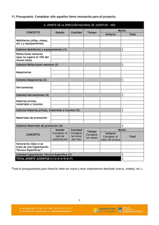 11. Presupuesto. Completar sólo aquellos ítems necesarios para el proyecto.

                          A. APORTE DE LA DIRECCIÓN NACIONAL DE JUVENTUD - MDS

                                                                                      Monto
            CONCEPTO               Detalle      Cantidad     Tiempo
                                                                           Unitario            Total

   Mobiliarios (sillas, mesas,
   etc.) y equipamientos

   Subtotal Mobiliarios y equipamientos (1)                                             $
   Refacciones menores
   (que no supere el 10% del
   monto total)
   Subtotal Refacciones menores (2)                                                     $

   Maquinarias

   Subtotal Maquinarias (3)                                                             $

   Herramientas

   Subtotal Herramientas (4)                                                            $

   Materias primas,
   materiales e insumos

   Subtotal Materias primas, materiales e insumos (5)                                   $

   Materiales de promoción

   Subtotal Materiales de promoción (6)                                                 $
                                   Detalle      Cantidad                               Monto
                                                             Tiempo
                                 Consignar el   Consignar                   Unitario
            CONCEPTO                                        Consignar
                                   tipo de      las horas                 Consignar el         Total
                                                            los meses
                                 capacitación    por mes                valor de la hora
   Honorarios (Solo si se
   trata de una Capacitación
   Técnica Específica) *
   Subtotal Capacitación Técnica Específica (7)                                         $
   TOTAL APORTE JUVENTUD (1+2+3+4+5+6+7)                                                $


*Todo lo presupuestados para financiar debe ser nuevo y estar ampliamente detallado (marca, modelo, etc.).




                                                      6
 