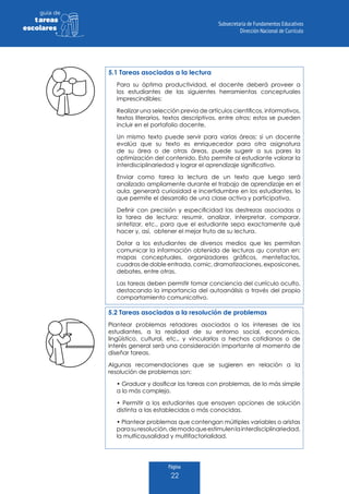 Página
22
guia de
tareas
escolares
5.1 Tareas asociadas a la lectura
Para su óptima productividad, el docente deberá proveer a
los estudiantes de las siguientes herramientas conceptuales
imprescindibles:
Realizar una selección previa de artículos científicos, informativos,
textos literarios, textos descriptivos, entre otros; estos se pueden
incluir en el portafolio docente.
Un mismo texto puede servir para varias áreas; si un docente
evalúa que su texto es enriquecedor para otra asignatura
de su área o de otras áreas, puede sugerir a sus pares la
optimización del contenido. Esto permite al estudiante valorar la
interdisciplinariedad y lograr el aprendizaje significativo.
Enviar como tarea la lectura de un texto que luego será
analizado ampliamente durante el trabajo de aprendizaje en el
aula, generará curiosidad e incertidumbre en los estudiantes, lo
que permite el desarrollo de una clase activa y participativa.
Definir con precisión y especificidad las destrezas asociadas a
la tarea de lectura: resumir, analizar, interpretar, comparar,
sintetizar, etc., para que el estudiante sepa exactamente qué
hacer y, así, obtener el mejor fruto de su lectura.
Dotar a los estudiantes de diversos medios que les permitan
comunicar la información obtenida de lecturas qu constan en:
mapas conceptuales, organizadores gráficos, mentefactos,
cuadros de doble entrada, comic, dramatizaciones, exposicones,
debates, entre otras.
Las tareas deben permitir tomar conciencia del currículo oculto,
destacando la importancia del autoanálisis a través del propio
comportamiento comunicativo.
5.2 Tareas asociadas a la resolución de problemas
Plantear problemas retadores asociados a los intereses de los
estudiantes, a la realidad de su entorno social, económico,
lingüístico, cultural, etc., y vincularlos a hechos cotidianos o de
interés general será una consideración importante al momento de
diseñar tareas.
Algunas recomendaciones que se sugieren en relación a la
resolución de problemas son:
• Graduar y dosificar las tareas con problemas, de lo más simple
a lo más complejo.
• Permitir a los estudiantes que ensayen opciones de solución
distinta a las establecidas o más conocidas.
• Plantear problemas que contengan múltiples variables o aristas
parasuresolución,demodoqueestimulenlainterdisciplinariedad,
la multicausalidad y multifactorialidad.
 
