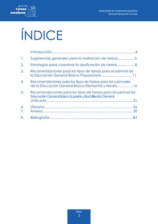 Página
3
guia de
tareas
escolares
ÍNDICE
	Introducción........................................................................................4
1. 	 Sugerencias generales para la realización de tareas..................5
2. 	 Estrategias para coordinar la dosificación de tareas...................8
3. 	 Recomendaciones para los tipos de tareas para el subnivel de 	
	 la Educación General Básica Preparatoria ................................11
4. 	 Recomendaciones para los tipos de tareas para los subniveles 	
	 de la Educación General Básica Elemental y Media.................16
5. 	 Recomendaciones para los tipos de tareas para el subnivel de 	
	 EducaciónGeneralBásicaSuperioryBachilleratoGeneral 	
	 Unificado...........................................................................................21
6. 	 Glosario............................................................................................ 24
7. 	 Anexos...............................................................................................30
8. 	 Bibliografía........................................................................................84
 
