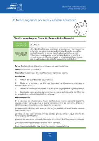 Página
42
guia de
tareas
escolares
Ciencias Naturales para Educación General Básica Elemental
CRITERIO DE
EVALUACIÓN
CE.CN.2.2.
INDICADOR DE
EVALUACIÓN
I.CN.2.2.2. Clasifica a las plantas en angiospermas y gimnospermas
en función de sus semejanzas y diferencias. Describe sus partes,
las clasifica según su estrato (árbol, arbusto y hierba), y usos
(industriales, medicinales y ornamentales). Expone el aporte al
conocimiento científico que realizó el ecuatoriano Misael Acosta
Solís, a partir del estudio de la flora ecuatoriana. (J.3., S.4.)
Tarea: Clasificación de plantas en angiospermas y gimnospermas.
Tiempo: 30 minutos por dos días.
Materiales: Cuaderno de Ciencias Naturales y lápices de colores.
Actividades:
1.	 Visite un área verde cerca a su domicilio.
2.	 Dibuje en el cuaderno de Ciencias Naturales las diferentes plantas que se
encuentran en el lugar.
3.	 Identifique y clasifique las plantas que dibujó en: angiospermas y gimnospermas.
4.	 Describa las características del entorno en el cual se realizó la visita, identificando
los seres bióticos y elementos abióticos del lugar.
Retroalimentación:
En el caso que los estudiantes no hayan clasificado de manera correcta las plantas
angiospermas y gimnospermas y exista confusión entre los elementos bióticos y
abióticos se puede aclarar con las siguientes preguntas:
¿Cuáles son las características de las plantas angiospermas? ¿Qué dificultades tuvieron
para identificarlas?
¿Cuáles son las características de las plantas gimnospermas? ¿Qué dificultades
tuvieron para identificarlas?
¿Qué son los elementos bióticos? ¿Dónde los encontraron? ¿Cómo los reconocieron?
¿Qué son elementos abióticos? Exprese varios ejemplos.
Durante esta actividad los y las docentes pueden evaluar la tarea.
2. Tareas sugeridas por nivel y subnivel educativo
 