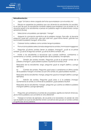 Página
58
guia de
tareas
escolares
Retroalimentación:
•	 Jugar “Un barco viene cargado de frutas que empiezan con el sonido /m/
•	 Dibujar en papelotes las palabras que van diciendo los estudiantes (no escribir).
En el caso de que, los estudiantes nombren objetos que empiezan con el sonido /n/, el
docente guiará a los estudiantes a pensar en palabras según el determinado campo
semántico.(frutas)
•	 Seleccionar una palabra, por ejemplo: “mango”
•	 Asegurar la conciencia semántica de la palabra mango. Para ello, el docente
pregunta: ¿qué es?, ¿cómo es?, ¿de qué color es?, ¿qué forma tiene?, ¿dónde han
escuchado la palabra mango?, entre otras.
•	 Colorear tantos casilleros como sonidos tenga la palabra.
•	 Pronunciar la palabra seleccionada alargando los sonidos./mmmaaannngggooo/
•	 Preguntar ¿Cuántos sonidos tienen la palabra /mango/?, ¿cuál es el primer
sonido?, ¿cuál es el segundo sonido?, ¿cuál es el último sonido?, etc.
•	 Invitar a los estudiantes a reconocer que cuando omitimos, cambiamos o
aumentamos un sonido, cambia el significado de las palabras. Por ejemplo:
a)	 Omisión de sonidos iniciales. Preguntar ¿cuál es el primer sonido de la
palabra /mango/?, ¿qué palabra queda si quitamos el sonido /m/?
Respuesta de los estudiantes: ango, preguntar ¿qué es ango? (defina y ponga
ejemplos)
b)	 Cambio de sonidos. Preguntar ¿qué pasa si cambiamos el último sonido
de la palabra mango?, el sonido /o/ por otro sonido /a/ ¿Qué palabra resulta?,…
Respuesta de los estudiantes: manga, preguntar ¿qué es manga? (defina y ponga
ejemplos)
c)	 Adición de sonidos. Preguntar ¿qué pasa si a la palabra /mango/
aumentamos el sonido /s/ al final de la palabra?, ¿qué palabra resulta?
Respuesta de los estudiantes: mangos, preguntar ¿a cuántos se refiere la palabra
mangos? (defina y ponga ejemplos)
•	 Preguntar: ¿Si cambiamos un sonido de una palabra, significa lo mismo?, Entonces,
¿Es la misma palabra o se convierte en otra diferente?
•	 Trabajar el número de ejemplos, de acuerdo a la necesidad, sin perder de vista
que el objetivo es que los estudiantes tomen conciencia de que por un sonido cambia
el significado de las palabras.
 
