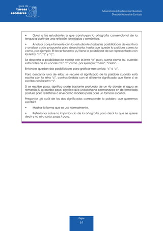 Página
61
guia de
tareas
escolares
•	 Guiar a los estudiantes a que construyan la ortografía convencional de la
lengua a partir de una reflexión fonológica y semántica.
•	 Analizar conjuntamente con los estudiantes todas las posibilidades de escritura
y analizar cada propuesta para desecharlas hasta que quede la palabra correcta
como, por ejemplo: El tercer fonema, /s/ tiene la posibilidad de ser representado con
las letras “s”, “z” y “c”.
Se descarta la posibilidad de escribir con la letra “c” pues, suena como /s/, cuando
está antes de las vocales “e”, “i” como, por ejemplo: “cero”, “cielo”,…
Entonces quedan dos posibilidades para graficar ese sonido: “s” o “z”.
Para descartar una de ellas, se recurre al significado de la palabra cuando está
escrita con la letra “z”, contrastándola con el diferente significado que tiene si se
escribe con la letra “s”.
Si se escribe poza, significa parte bastante profunda de un río donde el agua se
remansa. Si se escribe posa, significa que una persona permanezca en determinada
postura para retratarse o sirve como modelo posa para un famoso escultor.
Preguntar ¿A cuál de los dos significados corresponde la palabra que queremos
escribir?
•	 Mostrar la forma que se usa normalmente.
•	 Reflexionar sobre la importancia de la ortografía para decir lo que se quiere
decir y no otra cosa: poza / posa.
 