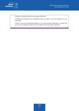 Página
67
guia de
tareas
escolares
•	Preguntar ¿Qué inferencia se puede plantear?
•	Verificar si la inferencia es verdadera o falsa, es decir, si es una inferencia o una
suposición.
•	Guiar a que los estudiantes lleguen a las conclusiones deseadas, sin pedir de
vista que el propósito es descubrir lo implícito entre los datos explícitos.
 