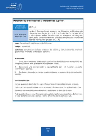 Página
70
guia de
tareas
escolares
Matemática para Educación General Básica Superior
CRITERIO DE
EVALUACIÓN
CE.M.4.6.
INDICADOR DE
EVALUACIÓN
I.M.4.6.1. Demuestra el teorema de Pitágoras valiéndose de
diferentes estrategias, y lo aplica en la resolución de ejercicios
o situaciones reales relacionadas a triángulos rectángulos;
demuestra creatividad en los procesos empleados y valora el
trabajo individual o grupal. (I.1., S.4.)
Tarea: Demostración del teorema de Pitágoras.
Tiempo : 20 minutos
Materiales: cartulinas de colores o lápices de colores y cartulina blanca, material
geométrico, internet o en textos de consulta.
Actividades:
1.	 Consulte en internet o en textos de consulta las demostraciones del teorema de
Pitágoras (distintas a las que se han trabajado en clase).
2.	 Seleccione una demostración y ejemplificarla con el material concreto
(cartulinas de colores).
3.	 Escriba en el cuaderno con sus propias palabras, el proceso de la demostración
elegido.
Retroalimentación:
Formar grupos de 6 estudiantes para intercambiar el material construido en casa.
Pedir que cada estudiante exponga en su grupo la demostración realizada en casa.
Identificar las demostraciones diferentes y exponerlas al resto de la clase.
Pedirqueidentifiquenenuntriángulorectángulolahipotenusayloscatetos. Determinar
el valor de la hipotenusa c dando valores diferentes de los catetos a y b.
 