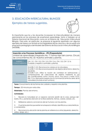 Página
77
guia de
tareas
escolares
3. EDUCACIÓN INTERCULTURAL BILINGÜE
Ejemplos de tareas sugeridas.
Es importante que los y las docentes incorporen la interculturalidad de manera
permanente en los procesos de enseñanza aprendizaje, tanto si trabajan en el
Sistema Nacional de Educación como en el Sistema de Educación Intercultural
Bilingüe. Para este, en particular, se propone el siguiente apartado con algunos
ejemplos de tareas con énfasis en la integralidad de las ciencias y de acuerdo a la
propuesta pedagógica del Modelo del Sistema de Educación Intercultural Bilingüe
(MOSEIB).
Inserción a los Procesos Semióticos - IPS (Preparatoria)
Unidad de aprendizajes integrados No. 11 Somos hijos del cosmos. Círculo
de conocimientos No. 02 Nuestros animales y plantas.
SABERES Y
CONOCIMIENTOS
CN 1.3.1, CN 1.3.2, CN 1.3.3, CN 1.3.4., CN.1.3.5, CN 1.3.16.
Cuidado y respeto a animales y plantas.
DOMINIOS
D.M.EIB.11.2.2. Reconoce los colores en la naturaleza.
D.M.EIB.11.2.3. Reconoce la posición de objetos del entorno: derecha,
izquierda.
D.M.EIB.11.2.4. Utiliza la noción de cantidad en estimaciones y
comparaciones de colecciones de objetos mediante el uso
de cuantificadores como: mucho, poco, muy poco y nada. D.CS.
EIB.11.2.6. Demuestra respeto por la convivencia entre los seres de la
naturaleza (incluido el ser humano).
Tarea: Conocimiento de las formas de cuidado y respeto a las plantas.
Tiempo : 20 minutos por varios días.
Materiales: Plantas del entorno.
Actividades:
1.	 Recorra la naturaleza en un espacio cercano (jardín de la casa, parque del
barrio, Etc.), poniendo atención en la flora existente, formas, colores, estado, etc.
2.	 Reflexione sobre la convivencia del ser humano con las plantas.
3.	 Cuente las plantas que existen en el espacio visitado, identificar sus características
y compararlas.
4.	 Reconozca la ubicación de las plantas en referencia a otras (izquierdo, derecho,
arriba, abajo, etc.)
 