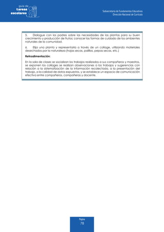 Página
78
guia de
tareas
escolares
5.	 Dialogue con los padres sobre las necesidades de las plantas para su buen
crecimiento y producción de frutos; conocer las formas de cuidado de los ambientes
naturales de la comunidad.
6.	 Elija una planta y representarla a través de un collage, utilizando materiales
desechados por la naturaleza (hojas secas, palillos, pepas secas, etc.)
Retroalimentación:
En la sala de clases se socializan los trabajos realizados a sus compañeros y maestros,
se exponen los collages se realizan observaciones a los trabajos y sugerencias con
relación a la sistematización de la información recolectada, a la presentación del
trabajo, a la calidad de datos expuestos, y se establece un espacio de comunicación
efectiva entre compañeros, compañeras y docente.
 