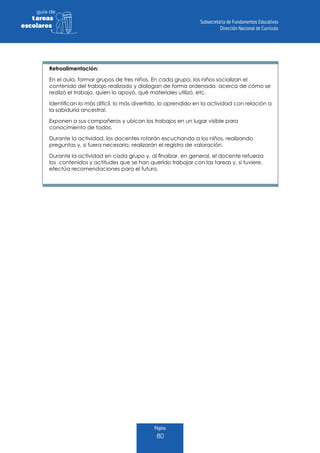 Página
80
guia de
tareas
escolares
Retroalimentación:
En el aula, formar grupos de tres niños. En cada grupo, los niños socializan el
contenido del trabajo realizado y dialogan de forma ordenada acerca de cómo se
realizó el trabajo, quien lo apoyó, qué materiales utilizó, etc.
Identifican lo más difícil, lo más divertido, lo aprendido en la actividad con relación a
la sabiduría ancestral.
Exponen a sus compañeros y ubican los trabajos en un lugar visible para
conocimiento de todos.
Durante la actividad, los docentes rotarán escuchando a los niños, realizando
preguntas y, si fuera necesario, realizarán el registro de valoración.
Durante la actividad en cada grupo y, al finalizar, en general, el docente refuerza
los contenidos y actitudes que se han querido trabajar con las tareas y, si tuviere,
efectúa recomendaciones para el futuro.
 