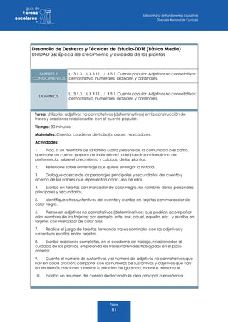 Página
81
guia de
tareas
escolares
Desarrollo de Destrezas y Técnicas de Estudio-DDTE (Básica Media)
UNIDAD 36: Época de crecimiento y cuidado de las plantas
SABERES Y
CONOCIMIENTOS
LL.3.1.3., LL.3.3.11., LL.3.5.1. Cuento popular. Adjetivos no connotativos:
demostrativo, numerales, ordinales y cardinales.
DOMINIOS
LL.3.1.3., LL.3.3.11., LL.3.5.1. Cuento popular. Adjetivos no connotativos:
demostrativo, numerales, ordinales y cardinales.
Tarea: Utilizo los adjetivos no connotativos (determinativos) en la construcción de
frases y oraciones relacionadas con el cuento popular.
Tiempo: 30 minutos
Materiales: Cuento, cuaderno de trabajo, papel, marcadores.
Actividades:
1.	 Pida, a un miembro de la familia u otra persona de la comunidad o el barrio,
que narre un cuento popular de la localidad o del pueblo/nacionalidad de
pertenencia, sobre el crecimiento y cuidado de las plantas.
2.	 Reflexione sobre el mensaje que quiere entregar la historia.
3.	 Dialogue acerca de los personajes principales y secundarios del cuento y
acerca de los valores que representan cada uno de ellos.
4.	 Escriba en tarjetas con marcador de color negro, los nombres de los personales
principales y secundarios.
5.	 Identifique otros sustantivos del cuento y escriba en tarjetas con marcador de
color negro.
6.	 Piense en adjetivos no connotativos (determinativos) que podrían acompañar
a los nombres de las tarjetas; por ejemplo: este, ese, aquel, aquello, etc., y escriba en
tarjetas con marcador de color azul.
7.	 Realice el juego de tarjetas formando frases nominales con los adjetivos y
sustantivos escritos en las tarjetas.
8.	 Escriba oraciones completas, en el cuaderno de trabajo, relacionadas al
cuidado de las plantas, empleando las frases nominales trabajadas en el paso
anterior.
9.	 Cuente el número de sustantivos y el número de adjetivos no connotativos que
hay en cada oración; comparar con los números de sustantivos y adjetivos que hay
en las demás oraciones y realice la relación de igualdad, mayor o menor que.
10.	 Escriba un resumen del cuento destacando la idea principal o enseñanza.
 