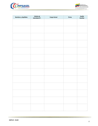 GEPI-01. 16.001
17
Nombres y Apellidos
Cédula de
Identidad N°.
Cargo Actual Firma
Huella
Dactilar
 