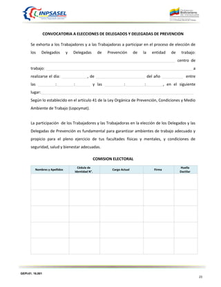 GEPI-01. 16.001
23
CONVOCATORIA A ELECCIONES DE DELEGADOS Y DELEGADAS DE PREVENCION
Se exhorta a los Trabajadores y a las Trabajadoras a participar en el proceso de elección de
los Delegados y Delegadas de Prevención de la entidad de trabajo:
___________________________________________________________________ centro de
trabajo: ____________________________________________________________________ a
realizarse el día: ____________, de _______________________ del año __________ entre
las ________:________:_______ y las _________:_________:________, en el siguiente
lugar:_______________________________________________________________________
Según lo establecido en el artículo 41 de la Ley Orgánica de Prevención, Condiciones y Medio
Ambiente de Trabajo (Lopcymat).
La participación de los Trabajadores y las Trabajadoras en la elección de los Delegados y las
Delegadas de Prevención es fundamental para garantizar ambientes de trabajo adecuado y
propicio para el pleno ejercicio de tus facultades físicas y mentales, y condiciones de
seguridad, salud y bienestar adecuadas.
COMISION ELECTORAL
Nombres y Apellidos
Cédula de
Identidad N°.
Cargo Actual Firma
Huella
Dactilar
 