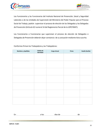 GEPI-01. 16.001
29
Los Funcionarios y las Funcionarias del Instituto Nacional de Prevención, Salud y Seguridad
Laborales o de las Unidades de Supervisión del Ministerio del Poder Popular para el Proceso
Social de Trabajo, podrán supervisar el proceso de elección de los Delegados y las Delegadas
de Prevención (Artículo 62 numeral 14 del Reglamento Parcial de la LOPCYMAT).
Los Funcionarios o Funcionarias que supervisen el proceso de elección de Delegados o
Delegadas de Prevención deberán dejar constancia de su actuación mediante Acta suscrita.
Conformes firman los Trabajadores y las Trabajadoras:
Nombres y Apellidos Cédula de
Identidad
Cargo Actual Firma Huella Dactilar
En ________________________ a los __________ días de _________________ de ________
 