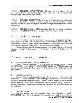 INICIACIÓN EN LA INVESTIGACIÓN

NIVEL I
ESTUDIOS EXPLORATORIOS: Consiste en una avance en el
conocimiento de un fenómeno, con el propósito de precisar mejor un problema de
investigación o para explicitar otras hipótesis.

NIVEL II
ESTUDIOS DESCRIPTIVOS: Se dirige a la descripción de fenómenos
sociales o educativos en una circunstancia temporal y determinada. Estudios tipo
encuesta, estudio de casos, investigación histórica, investigación de correlación, estudio
de desarrollo.
NIVEL III.
ESTUDIO CAUSAL COMPARATIVO: Cuando se quiere establecer
relaciones de CAUSA EFECTO, el más correcto es el método experimental.

NIVEL IV

DISEÑOS EXPERIMENTALES:

La experimentación es una observación provocada con el propósito de lograr
cierto objetivo, en ella se modifican las condiciones (variable independiente) que
determinan un hecho en forma deliberada para registrar los cambios que ocurren en
dicho fenómeno (variable dependiente). Explicado en el tema anterior.
Podemos clasificarlos de la siguiente manera: a) de control mínimo. b) De control
riguroso: postest, preterst-postest, pre y postest con grupo de control. De solomon de 4
grupos.

7.2 FASES GENERALES DEL MÉTODO
1.

FASE INDAGATORIA O DE DESCUBRIMIENTO
Indagar = inquirir, preguntar. Es la fase inicial del método científico. TODA
INVESTIGACIÓN INICIA A PARTIR DE LA EXISTENCIA DE UN PROBLEMA. En ésta
fase se prevé, planifica y ejecuta la recolección de datos que conlleva al descubrimiento
de evidencias.

2.

FASE DEMOSTRATIVA
Esta fase tiene especial importancia para la ciencia, por cuanto que, si la
demostración es objetiva, operativa, válida y fidedigna, el conocimiento nuevo adquiere
verdadera relevancia para la humanidad, en esta fase el método científico plantea
medios, técnicas e instrumentos que permiten obtener, ordenar, medir, cuantificar y
calcular matemática y estadísticamente la o las evidencias que serán los medios de
comprobación.

3.

FASE EXPOSITIVA
Esta fase plantea que los resultados deben ser difundidos, es decir,
DIVULGADOS y expuesto a la sociedad. No tendría ningún sentido todo el esfuerzo
LIC. MARTIN SATZ TOL AÑO 2010

 