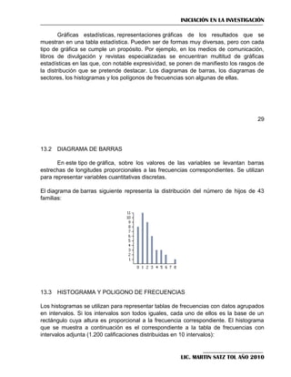 INICIACIÓN EN LA INVESTIGACIÓN
Gráficas estadísticas, representaciones gráficas de los resultados que se
muestran en una tabla estadística. Pueden ser de formas muy diversas, pero con cada
tipo de gráfica se cumple un propósito. Por ejemplo, en los medios de comunicación,
libros de divulgación y revistas especializadas se encuentran multitud de gráficas
estadísticas en las que, con notable expresividad, se ponen de manifiesto los rasgos de
la distribución que se pretende destacar. Los diagramas de barras, los diagramas de
sectores, los histogramas y los polígonos de frecuencias son algunas de ellas.

29

13.2 DIAGRAMA DE BARRAS
En este tipo de gráfica, sobre los valores de las variables se levantan barras
estrechas de longitudes proporcionales a las frecuencias correspondientes. Se utilizan
para representar variables cuantitativas discretas.
El diagrama de barras siguiente representa la distribución del número de hijos de 43
familias:

13.3 HISTOGRAMA Y POLIGONO DE FRECUENCIAS
Los histogramas se utilizan para representar tablas de frecuencias con datos agrupados
en intervalos. Si los intervalos son todos iguales, cada uno de ellos es la base de un
rectángulo cuya altura es proporcional a la frecuencia correspondiente. El histograma
que se muestra a continuación es el correspondiente a la tabla de frecuencias con
intervalos adjunta (1.200 calificaciones distribuidas en 10 intervalos):

LIC. MARTIN SATZ TOL AÑO 2010

 
