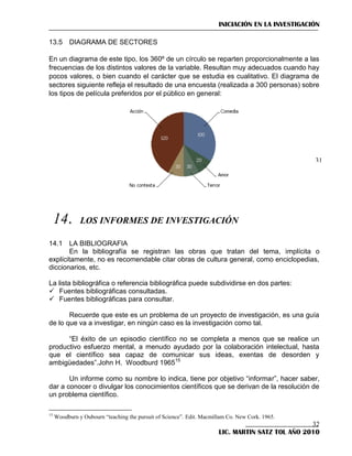INICIACIÓN EN LA INVESTIGACIÓN
13.5 DIAGRAMA DE SECTORES
En un diagrama de este tipo, los 360º de un círculo se reparten proporcionalmente a las
frecuencias de los distintos valores de la variable. Resultan muy adecuados cuando hay
pocos valores, o bien cuando el carácter que se estudia es cualitativo. El diagrama de
sectores siguiente refleja el resultado de una encuesta (realizada a 300 personas) sobre
los tipos de película preferidos por el público en general:

31

14.

LOS INFORMES DE INVESTIGACIÓN

14.1 LA BIBLIOGRAFIA
En la bibliografía se registran las obras que tratan del tema, implícita o
explícitamente, no es recomendable citar obras de cultura general, como enciclopedias,
diccionarios, etc.
La lista bibliográfica o referencia bibliográfica puede subdividirse en dos partes:
 Fuentes bibliográficas consultadas.
 Fuentes bibliográficas para consultar.
Recuerde que este es un problema de un proyecto de investigación, es una guía
de lo que va a investigar, en ningún caso es la investigación como tal.
―El éxito de un episodio científico no se completa a menos que se realice un
productivo esfuerzo mental, a menudo ayudado por la colaboración intelectual, hasta
que el científico sea capaz de comunicar sus ideas, exentas de desorden y
ambigüedades‖.John H. Woodburd 196515
Un informe como su nombre lo indica, tiene por objetivo ―informar‖, hacer saber,
dar a conocer o divulgar los conocimientos científicos que se derivan de la resolución de
un problema científico.
15

Woodburn y Oubourn “teaching the pursuit of Science”. Edit. Macmillam Co. New Cork. 1965.

32
LIC. MARTIN SATZ TOL AÑO 2010

 