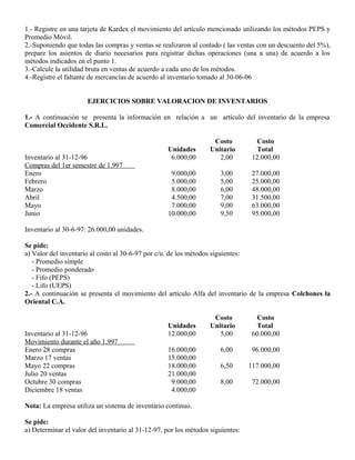 1.- Registre en una tarjeta de Kardex el movimiento del artículo mencionado utilizando los métodos PEPS y
Promedio Móvil.
2.-Suponiendo que todas las compras y ventas se realizaron al contado ( las ventas con un descuento del 5%),
prepare los asientos de diario necesarios para registrar dichas operaciones (una a una) de acuerdo a los
métodos indicados en el punto 1.
3.-Calcule la utilidad bruta en ventas de acuerdo a cada uno de los métodos.
4.-Registre el faltante de mercancías de acuerdo al inventario tomado al 30-06-06
EJERCICIOS SOBRE VALORACION DE INVENTARIOS
1.- A continuación se presenta la información en relación a un artículo del inventario de la empresa
Comercial Occidente S.R.L.
Costo Costo
Unidades Unitario Total
Inventario al 31-12-96 6.000,00 2,00 12.000,00
Compras del 1er semestre de 1.997
Enero 9.000,00 3,00 27.000,00
Febrero 5.000,00 5,00 25.000,00
Marzo 8.000,00 6,00 48.000,00
Abril 4.500,00 7,00 31.500,00
Mayo 7.000,00 9,00 63.000,00
Junio 10.000,00 9,50 95.000,00
Inventario al 30-6-97: 26.000,00 unidades.
Se pide:
a) Valor del inventario al costo al 30-6-97 por c/u. de los métodos siguientes:
- Promedio simple
- Promedio ponderado
- Fifo (PEPS)
- Lifo (UEPS)
2.- A continuación se presenta el movimiento del artículo Alfa del inventario de la empresa Colchones la
Oriental C.A.
Costo Costo
Unidades Unitario Total
Inventario al 31-12-96 12.000,00 5,00 60.000,00
Movimiento durante el año 1.997
Enero 28 compras 16.000,00 6,00 96.000,00
Marzo 17 ventas 15.000,00
Mayo 22 compras 18.000,00 6,50 117.000,00
Julio 20 ventas 21.000,00
Octubre 30 compras 9.000,00 8,00 72.000,00
Diciembre 18 ventas 4.000,00
Nota: La empresa utiliza un sistema de inventario continuo.
Se pide:
a) Determinar el valor del inventario al 31-12-97, por los métodos siguientes:
 