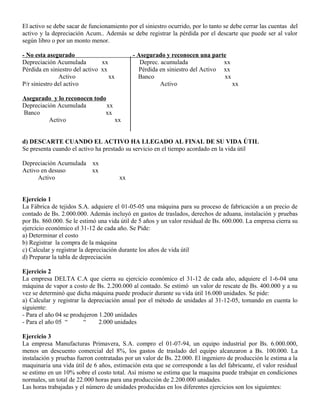 El activo se debe sacar de funcionamiento por el siniestro ocurrido, por lo tanto se debe cerrar las cuentas del
activo y la depreciación Acum.. Además se debe registrar la pérdida por el descarte que puede ser al valor
según libro o por un monto menor.
- No esta asegurado - Asegurado y reconocen una parte
Depreciación Acumulada xx Deprec. acumulada xx
Pérdida en siniestro del activo xx Pérdida en siniestro del Activo xx
Activo xx Banco xx
P/r siniestro del activo Activo xx
Asegurado y lo reconocen todo
Depreciación Acumulada xx
Banco xx
Activo xx
d) DESCARTE CUANDO EL ACTIVO HA LLEGADO AL FINAL DE SU VIDA ÚTIL
Se presenta cuando el activo ha prestado su servicio en el tiempo acordado en la vida útil
Depreciación Acumulada xx
Activo en desuso xx
Activo xx
Ejercicio 1
La Fábrica de tejidos S.A. adquiere el 01-05-05 una máquina para su proceso de fabricación a un precio de
contado de Bs. 2.000.000. Además incluyó en gastos de traslados, derechos de aduana, instalación y pruebas
por Bs. 860.000. Se le estimó una vida útil de 5 años y un valor residual de Bs. 600.000. La empresa cierra su
ejercicio económico el 31-12 de cada año. Se Pide:
a) Determinar el costo
b) Registrar la compra de la máquina
c) Calcular y registrar la depreciación durante los años de vida útil
d) Preparar la tabla de depreciación
Ejercicio 2
La empresa DELTA C.A que cierra su ejercicio económico el 31-12 de cada año, adquiere el 1-6-04 una
máquina de vapor a costo de Bs. 2.200.000 al contado. Se estimó un valor de rescate de Bs. 400.000 y a su
vez se determinó que dicha máquina puede producir durante su vida útil 16.000 unidades. Se pide:
a) Calcular y registrar la depreciación anual por el método de unidades al 31-12-05, tomando en cuenta lo
siguiente:
- Para el año 04 se produjeron 1.200 unidades
- Para el año 05 “ “ 2.000 unidades
Ejercicio 3
La empresa Manufacturas Primavera, S.A. compro el 01-07-94, un equipo industrial por Bs. 6.000.000,
menos un descuento comercial del 8%, los gastos de traslado del equipo alcanzaron a Bs. 100.000. La
instalación y pruebas fueron contratadas por un valor de Bs. 22.000. El ingeniero de producción le estima a la
maquinaria una vida útil de 6 años, estimación esta que se corresponde a las del fabricante, el valor residual
se estimo en un 10% sobre el costo total. Así mismo se estima que la maquina puede trabajar en condiciones
normales, un total de 22.000 horas para una producción de 2.200.000 unidades.
Las horas trabajadas y el número de unidades producidas en los diferentes ejercicios son los siguientes:
 