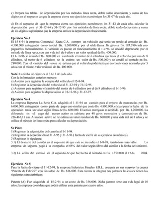 c) Prepara las tablas de depreciación por los métodos línea recta, doble saldo decreciente y suma de los
dígitos en el supuesto de que la empresa cierra sus ejercicios económicos los 31-07 de cada año.
d) En el supuesto de que la empresa cierra sus ejercicios económicos los 31-12 de cada año, calcular la
depreciación para el 31-12-94 y 31-12-95 por los métodos de línea recta, doble saldo decreciente y suma
de los dígitos suponiendo que la empresa utiliza la depreciación fraccionaria.
Ejercicio No 3
El 15-8-94 la empresa Comercial Zaeta C.A. compro un vehículo que tenia un precio al contado de Bs.
4.500.000. entregando como inicial Bs. 1.300.000 y por el saldo firma 36 giros a Bs. 193.390 cada uno
pagaderos mensualmente. El vehículo es puesto en funcionamiento el 1-9-94, se decidió depreciarlo por el
método de línea recta, con una vida útil de 6 años y un valor residual de Bs. 400.000.
El 1-10-96 se invierten Bs. 800.000 en cambiarle el motor de 6 cilindros que traía el vehículo por uno de 8
cilindros. Al motor de 6 cilindros se le estimo un valor de Bs. 500.000 y se vendió al contado en Bs.
280.000. Con el cambio del motor se estima que el vehículo podrá trabajar en condiciones normales por 5
años con el mismo valor residual de Bs. 400.000.
Nota: La fecha de cierre es el 31-12 de cada año.
Con la información anterior prepare:
a) Asiento para registrar la compra del vehículo el 15-8-94.
b) Registrar la depreciación del vehículo al 31-12-94 y 31-12-95.
c) Asientos para registrar el cambio del motor de 6 cilindros por el de 8 cilindros el 1-10-96.
d) Asiento para registrar la depreciación al 31-12-96 y 31-12-97.
Ejercicio No 4
La empresa Repartos La Serie C.A. adquirió el 1-11-94 un camión para el reparto de mercancías por Bs.
6.000.000, entregando como parte de pago uno similar que costo Bs. 4.800.000, el cual para la fecha de la
operación tenia un valor según libros de Bs. 600.000. El activo entregado es recibido por Bs. 1.200.000. La
diferencia en el pago del nuevo activo es cubierta por 48 giros mensuales y consecutivos de Bs.
226.467,11 c/u. Al nuevo activo se le estima un valor residual de Bs. 600.000 y una vida útil de 8 años y se
utiliza el método de línea recta para calcular su depreciación.
Se Pide:
1) Registrar la adquisición del camión al 1-11-94.
2) Registrar la depreciación al 31-3-95 y 31-3-96 ( fecha de cierre de su ejercicio económico).
3) Registrar lo siguiente:
3.1) El descarte del camión en el supuesto de que este se incendio el 1-8-98, tornándose inservible. La
empresa de seguros pago a la compañía el 85% del valor según libros del camión a la fecha del siniestro.
3.2) La venta del camión en el supuesto de que fue hecha al contado en Bs. 1.350.000 el 15-8- 2004.
Ejercicio No 5
Para la fecha de cierre el 31-12-94, la empresa Industrias Simples S.R.L. presenta en sus mayores la cuenta
"Patente de Fabrica" con un saldo de Bs. 816.000. Esta cuenta la integran dos patentes las cuales tienen las
siguientes características:
Patente (A): Fue adquirida el 15-2-94 a un costo de Bs. 336.000. Dicha patente tiene una vida legal de 10
años; la empresa considera que podrá utilizar esta patente por cuatro años.
 