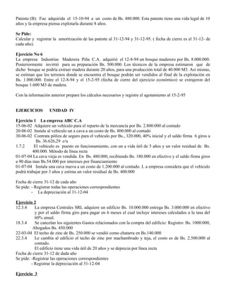 Patente (B): Fue adquirida el 15-10-94 a un costo de Bs. 480.000. Esta patente tiene una vida legal de 10
años y la empresa piensa explotarla durante 8 años.
Se Pide:
Calcular y registrar la amortización de las patente al 31-12-94 y 31-12-95. ( fecha de cierre es el 31-12- de
cada año).
Ejercicio No 6
La empresa Industrias Maderera Piña C.A. adquirió el 12-8-94 un bosque maderero por Bs. 8.000.000.
Posteriormente invirtió para su preparación Bs. 500.000. Los técnicos de la empresa estimaron que de
dicho bosque se podría extraer madera durante 20 años, para una producción total de 40.000 M3. Así mismo,
se estiman que los terrenos donde se encuentra el bosque podrán ser vendidos al final de la explotación en
Bs. 1.000.000. Entre el 12-8-94 y el 15-2-95 (fecha de cierre del ejercicio económico) se extrajeron del
bosque 1.600 M3 de madera.
Con la información anterior prepare los cálculos necesarios y registre el agotamiento al 15-2-95
EJERCICIOS UNIDAD IV
Ejercicio 1 La empresa ABC C.A
15-06-02 Adquiere un vehículo para el reparto de la mercancía por Bs. 2.800.000 al contado
20-06-02 Instala al vehículo un a cava a un costo de Bs. 800.000 al contado
30-06-02 Contrata póliza de seguro para el vehículo por Bs., 320.000, 40% inicial y el saldo firma 6 giros a
Bs. 36.626,29 c/u
1.7.2 El vehículo es puesto en funcionamiento, con un a vida útil de 5 años y un valor residual de Bs.
400.000. Método de línea recta
01-07-04 La cava vieja es vendida. En Bs. 480.000, recibiendo Bs. 180.000 en efectivo y el saldo firma giros
a 90 días mas Bs.54.000 por intereses por financiamiento
01-07-04 Instala una cava nueva a un costo de 1.200.000 al contado. L a empresa considera que el vehículo
podrá trabajar por 3 años y estima un valor residual de Bs. 400.000
Fecha de cierre 31-12 de cada año
Se pide: - Registrar todas las operaciones correspondientes
- La depreciación al 31-12-04
Ejercicio 2
12.3.4 La empresa Centrales SRL adquiere un edificio Bs. 10.000.000 entrega Bs. 3.000.000 en efectivo
y por el saldo firma giro para pagar en 6 meses el cual incluye intereses calculados a la tasa del
60% anual.
18.3.4 Se cancelan los siguientes Gastos relacionados con la compra del edificio: Registro: Bs. 1000.000,
Abogados Bs. 450.000
22-03-04 El techo de zinc de Bs. 250.000 se vendió como chatarra en Bs.140.000
22.3.4 Le cambia al edificio el techo de zinc por machambrado y teja, el costo es de Bs. 2.500.000 al
contado.
El edificio tiene una vida útil de 20 años y se deprecia por línea recta
Fecha de cierre 31-12 de dada año
Se pide: -Registrar las operaciones correspondientes
- Registrar la depreciación al 31-12-04
Ejercicio 3
 