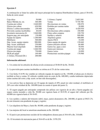 Ejercicio 9
A continuación se listan los saldos del mayor principal de la empresa Distribuidora Gómez, para el 30-6-05,
fecha de cierre anual:
Caja chica 50.000 J. Gómez, Capital 2.603.560
Banco Mérida cta. cte. 360.400 Ventas 9.730.700
Cuentas por cobrar 2.660.800 Devoluciones en ventas 190.870
Efectos por cobrar 650.900 Perdidas por cuentas malas 30.000
Efectos x cobrar descontados 250.900 Compras 6.420.930
Provisión cuentas incobrables 20.650 Devoluciones sobre compras 350.900
Inventario mercancías (I) 3.860.800 Fletes sobre compras 220.750
Seguros pag. por anticipado 150.000 Sueldos y salarios 840.000
Equipo de reparto 1.200.000 Alquileres gastos 400.000
Mobiliario 500.000 Aporte INCE 10.200
Dep. Acum. equipo reparto 900.000 Gatos equipo de reparto 130.660
Dep. Acum. mobiliario 250.000 Gastos artículos oficina 60.400
Mejoras local alquilado 600.000 Gastos luz, agua y aseo 70.950
Cuentas por pagar 3.460.500 Gastos por intereses 30.760
Efectos por pagar 750.800 Gastos varios 10.890
ISLR por pagar 160.400 Prestaciones sociales p/pagar 170.900
J. Gómez, Personal (Dr.) 200.000
Información adicional:
1.- Un conteo de los artículos de oficina revelo existencias al 30-06-05 de Bs. 30.820.
2.- La provisión para cuentas incobrables se estima en el 2% de las ventas netas.
3.- Con fecha 15-4-99, fue vendido un vehículo (equipo de reparto) en Bs. 150.000, el abono por el efectivo
recibido se hizo a ventas. El vehículo vendido tenia un costo de Bs. 600.000 y estaba totalmente depreciado
(estas cuentas del costo y dep. acum. no han sido descargadas).
4.- Los activos fijos se deprecian así: El equipo de reparto el 20% anual sin valor residual; el mobiliario el
20% con valor residual de Bs. 100.000 (tener en cuenta el ajuste del punto 3).
5.- El seguro pagado por anticipado comprende dos pólizas con vigencia de un año y fueron pagadas así:
seguro contra incendio y robo Bs. 90.000 con vigencia hasta el 30-9-99; el seguro del vehículo por Bs.
60.000 con vigencia hasta el 30-10-05.
6.- Los sueldos y salarios del trimestre (abril, mayo, junio) alcanzaron a Bs. 240.000, el aporte al INCE 2%
de este trimestre esta pendiente de pago y registro.
7.- Los alquileres de Mayo y Junio Bs. 80.000, están pendiente de pago y registro.
8.- Las mejoras del local se amortizan anualmente en Bs. 200.000.
9.- El pasivo por prestaciones sociales de los trabajadores alcanza para el 30-6-05 a Bs. 310.600.
10.- El inventario de mercancías para el 30-6-05 es de Bs. 3.970.259.
 