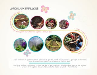 JARDIN$AUX$PAPILLONS$
« # # N ous

#a

vo

ns

#d

'a b

o rd
# d é f ric h é #
p ui

s#

n

ou

s#

ir#cuidando#
egu
»#F
#s
ior
#a
el
os
m

a v ons#planté#pour#attirer#les#papillons#».#Emily,#8#años#

«##Si#
que
#lo
#v
a

os
añ
8#
,#
la

«#Lo#que#a#mi#más#me#gusta#es#plantar,#puedo#ver#lo#que#hice#cuando#las#veo#crecer#y#que#llegan#las#mariposas.#
Tengo#la#sensación#de#ayudar#a#la#naturaleza#».#Aaron#8#años.#
«#Ce#que#je#préfère#c'est#planter.#Je#peux#voir#que#ce#que#je#fais#sert#à#quelque#chose#quand#je#vois#la#plante#
grandir#et#les#papillons#arriver.#J'ai#la#sensation#d'aider#la#nature.#»#Aaron,#8#ans.

 