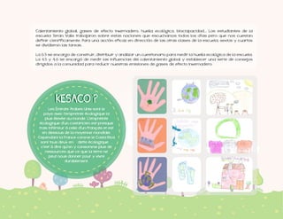 Calentamiento global, gases de efecto invernadero, huella ecológica, biociapacidad... Los estudiantes de la
definir científicamente. Para una acción eficaz en dirección de las otras clases de la escuela, sextos y cuartos
se dividieron las tareas.

dirigidos a la comunidad para reducir nuestras emisiones de gases de efecto invernadero.

pays avec l'empreinte écologique la
plus élevée au monde. L'empreinte
écologique d'un costaricien est presque
trois inférieur à celle d'un français et est
en dessous de la moyenne mondiale.
Cependant la France comme le Costa Rica
sont tous deux en
,
c'est à dire qu'on y consomme plus de
ressources que ce que la terre ne
peut nous donner pour y vivre
durablement.

 