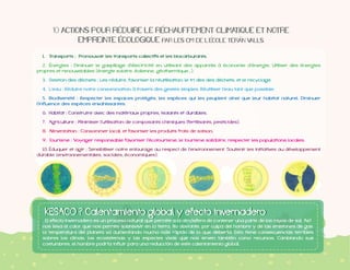 10$ACTIONS$POUR$REDUIRE$LE$RECHAUFFEMENT$CLIMATIQUE$ET$NOTRE$
EMPREINTE$ECOLOGIQUE$PAR$LES$CM1$DE$L'ECOLE$TERAN$VALLS.

propres et renouvelables (énergie solaire, éolienne, géothermique...).

l'influence des espèces envahissantes.

durable (environnementales, sociales, économiques).

nos lleva el calor que nos permite sobrevivir en la tierra. No obstante, por culpa del hombre y de las emisiones de gas,
la temperatura del planeta va aumentando mucho más rápido de lo que debería. Esto tiene consecuencias terribles
sobres los climas, los ecosistemas y las especies vivas que nos sirven también como recursos. Cambiando sus
costumbres, el hombre podría influir para una reducción de este calentamiento global.

 