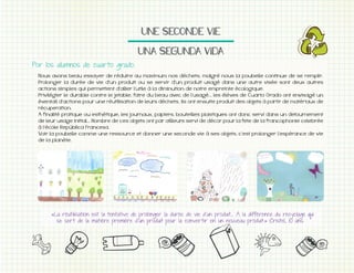 UNE$SECONDE$VIE
UNA$SEGUNDA$VIDA
Nous avons beau essayer de réduire au maximum nos déchets, malgré nous la poubelle continue de se remplir.
Prolonger la durée de vie d’un produit ou se servir d’un produit usagé dans une autre visée sont deux autres
actions simples qui permettent d’allier l’utile à la diminution de notre empreinte écologique.
éventail d’actions pour une réutilisation de leurs déchets, ils ont ensuite produit des objets à partir de matériaux de
récuperation.
A finalité pratique ou esthétique, les journaux, papiers, bouteilles plastiques ont donc servi dans un detournement
de leur usage initial... Nombre de ces objets ont par aillleurs servi de décor pour la fete de la francophonie celebrée
à l’école República Francesa.
de la planète.

«

»

 