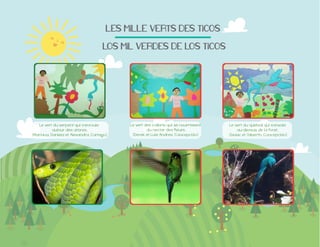 LES$MILLE$VERTS$DES$TICOS
$LOS$MIL$VERDES$DE$LOS$TICOS

Le vert du serpent qui s’enroule
autour des arbres.

Le vert des colibris qui se nourrissent
du nectar des fleurs.

Le vert du quetzal qui s’envole
au-dessus de la foret.
(Isaac et Gilberth, Concepción)

 