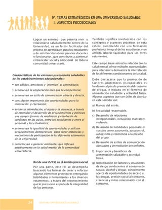 GUÍA PARA UNIVERSIDADES SALUDABLES
Lograr un entorno que permita vivir y
relacionarse saludablemente dentro de la
Universidad, es un factor facilitador del
proceso de aprendizaje para los estudiantes
y de satisfacción laboral para los docentes
y funcionarios, que contribuye a aumentar
el bienestar social y emocional de toda la
comunidad universitaria.
Rol de una US/IESS en el ámbito psicosocial
Por una parte, este rol se desempeña
buscando las formas de crear y reforzar
algunos elementos protectores entregando
habilidades y herramientas a los diversos
estamentos, a través del reconocimiento
que lo psicosocial es parte de la integralidad
de las personas.
IV. TEMAS ESTRATÉGICOS EN UNA UNIVERSIDAD SALUDABLE
1. ASPECTOS PSICOSOCIALES
Caracteristicas de los entornos psicosociales saludables
de los establecimientos educacionales:
· son cálidos, amistosos y “premian” el aprendizaje;
· promueven la cooperación más que la competencia;
· promueven un estilo de comunicación abierta y directa;
· consideran importante dar oportunidades para la
innovación y recreación;
· evitan la intimidación, el acoso y la violencia, a través
de estimular el desarrollo de procedimientos y políticas
que apoyen formas de mediación y resolución de
conflictos en las aulas, entre los estudiantes y entre el
personal y los estudiantes;
· promueven la igualdad de oportunidades y utilizan
procedimientos democráticos para crear instancias y
mecanismos de participación de los diferentes estamentos
de la universidad;
· contribuyen a generar ambientes que influyen
positivamente en la salud mental de la comunidad
universitaria.
También significa involucrarse con los
conceptos y aspectos prácticos de esta
esfera, cumpliendo con una formación
profesional integral de los estudiantes y un
ámbito laboral favorable para los otros
estamentos.
Este campo tiene estrecha relación con la
salud mental, ofrece múltiples oportunidades
para intervenir y demuestra la interrelación
de los diferentes condicionantes de la salud.
Debe destacarse que la promoción de
factores protectores psicosociales es
fundamental para la prevención del consumo
de drogas, e incluso en el fomento de
alimentación saludable y actividad física.
Algunos aspectos que son útiles de abordar
en este sentido son:
a) Manejo del estrés.
b) Sexualidad responsable.
c) Desarrollo de relaciones
interpersonales, incluyendo maltrato y
violencia.
d) Desarrollo de habilidades personales y
sociales como autonomía, autocontrol,
autoestima y resistencia a la presión
del grupo.
e) Desarrollo de estilos de comunicación
adecuados y de resolución de conflictos.
f) Importancia y beneficios de
alimentación saludable y actividad
física.
g) Identificación de factores y situaciones
de riesgo conducentes al consumo de
tabaco, alcohol y drogas: conocimiento
acerca de oportunidades de acceso a
las drogas, presión social al consumo,
creencias y mitos relacionados con el
consumo.
24
 