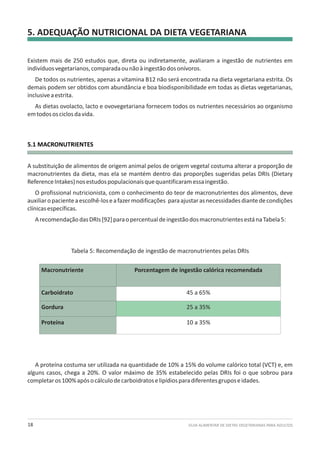 GUIA ALIMENTAR DE DIETAS VEGETARIANAS PARA ADULTOS18
5. ADEQUAÇÃO NUTRICIONAL DA DIETA VEGETARIANA
Tabela 5: Recomendação de ingestão de macronutrientes pelas DRIs
5.1 MACRONUTRIENTES
Macronutriente Porcentagem de ingestão calórica recomendada
Carboidrato 45 a 65%
Gordura 25 a 35%
Proteína 10 a 35%
Existem mais de 250 estudos que, direta ou indiretamente, avaliaram a ingestão de nutrientes em
indivíduosvegetarianos,comparadaounãoàingestãodosonívoros.
De todos os nutrientes, apenas a vitamina B12 não será encontrada na dieta vegetariana estrita. Os
demais podem ser obtidos com abundância e boa biodisponibilidade em todas as dietas vegetarianas,
inclusiveaestrita.
As dietas ovolacto, lacto e ovovegetariana fornecem todos os nutrientes necessários ao organismo
emtodososciclosdavida.
A substituição de alimentos de origem animal pelos de origem vegetal costuma alterar a proporção de
macronutrientes da dieta, mas ela se mantém dentro das proporções sugeridas pelas DRIs (Dietary
ReferenceIntakes)nosestudospopulacionaisquequantificaramessaingestão.
O profissional nutricionista, com o conhecimento do teor de macronutrientes dos alimentos, deve
auxiliaropacienteaescolhê-loseafazermodificações paraajustarasnecessidadesdiantedecondições
clínicasespecíficas.
ArecomendaçãodasDRIs[92]paraopercentualdeingestãodosmacronutrientesestánaTabela5:
A proteína costuma ser utilizada na quantidade de 10% a 15% do volume calórico total (VCT) e, em
alguns casos, chega a 20%. O valor máximo de 35% estabelecido pelas DRIs foi o que sobrou para
completaros100%apósocálculodecarboidratoselipídiosparadiferentesgruposeidades.
 
