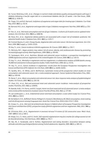 9.BIBLIOGRAFIA
GUIA ALIMENTAR DE DIETAS VEGETARIANAS PARA ADULTOS60
64. Turner-McGrievy, G.M., et al., Changes in nutrient intake and dietary quality among participants with type 2
diabetes following a low-fat vegan diet or a conventional diabetes diet for 22 weeks. J Am Diet Assoc, 2008.
108(10):p.1636-45.
65. Trapp, C.B. and N.D. Barnard, Usefulness of vegetarian and vegan diets for treating type 2 diabetes. Curr Diab
Rep,2010.10(2):p.152-8.
66.Barnard,N.D.,etal.,Vegetarianandvegandietsintype2diabetesmanagement.NutrRev,2009.67(5):p.255-
63.
67. Pan, A., et al., Red meat consumption and risk of type 2 diabetes: 3 cohorts of US adults and an updated meta-
analysis.AmJClinNutr,2011.94(4):p.1088-96.
68. Rizzo, N.S., et al., Vegetarian dietary patterns are associated with a lower risk of metabolic syndrome: the
adventisthealthstudy2.DiabetesCare,2011.34(5):p.1225-7.
69. Frentzel-Beyme, R. and J. Chang-Claude, Vegetarian diets and colon cancer: the German experience. Am J Clin
Nutr,1994.59(5Suppl):p.1143S-1152S.
70.Key,T.J.,etal.,CancerincidenceinBritishvegetarians.BrJCancer,2009.101(1):p.192-7.
71. McCarty, M.F., Vegan proteins may reduce risk of cancer, obesity, and cardiovascular disease by promoting
increasedglucagonactivity.MedHypotheses,1999.53(6):p.459-85.
72. Sanjoaquin, M.A., et al., Nutrition, lifestyle and colorectal cancer incidence: a prospective investigation of
10998vegetariansandnon-vegetariansintheUnitedKingdom.BrJCancer,2004.90(1):p.118-21.
73. Key, T.J., et al., Mortality in vegetarians and non-vegetarians: a collaborative analysis of 8300 deaths among
76,000menandwomeninfiveprospectivestudies.PublicHealthNutr,1998.1(1):p.33-41.
74. Key, T.J., et al., Cancer incidence in vegetarians: results from the European Prospective Investigation into
CancerandNutrition(EPIC-Oxford).AmJClinNutr,2009.89(5):p.1620S-1626S.
75. Sandhu, M.S., I.R. White, and K. McPherson, Systematic review of the prospective cohort studies on meat
consumption and colorectal cancer risk: a meta-analytical approach. Cancer Epidemiol Biomarkers Prev, 2001.
10(5):p.439-46.
76. Norat, T., et al., Meat consumption and colorectal cancer risk: dose-response meta-analysis of epidemiological
studies.IntJCancer,2002.98(2):p.241-56.
77. Chan, D.S., et al., Red and processed meat and colorectal cancer incidence: meta-analysis of prospective
studies.PLoSOne,2011.6(6):p.e20456.
78. Bastide, N.M., F.H. Pierre, and D.E. Corpet, Heme iron from meat and risk of colorectal cancer: a meta-analysis
andareviewofthemechanismsinvolved.CancerPrevRes(Phila),2011.4(2):p.177-84.
79. van Lonkhuijzen, L., et al., Endometrial cancer and meat consumption: a case-cohort study. Eur J Cancer Prev,
2011.20(4):p.334-9.
80.DeStefaniE,R.A.,BoffettaP,Deneo-PellegriniH,AcostaG,MendilaharsuM,Meatconsumption,meatcooking
andriskoflungcanceramongUruguayanmen.AsianPacJCancerPrev.2010;11(6):1713-7,2010.
81. Crowe, F.L., et al., Diet and risk of diverticular disease in Oxford cohort of European Prospective Investigation
into Cancer and Nutrition (EPIC): prospective study of British vegetarians and non-vegetarians. BMJ, 2011. 343: p.
d4131.
82. O'Connor, M.A., et al., Vegetarianism in anorexia nervosa? A review of 116 consecutive cases. Med J Aust,
1987.147(11-12):p.540-2.
83. Klopp, S.A., C.J. Heiss, and H.S. Smith, Self-reported vegetarianism may be a marker for college women at risk
fordisorderedeating.JAmDietAssoc,2003.103(6):p.745-7.
84. Bas, M., E. Karabudak, and G. Kiziltan, Vegetarianism and eating disorders: association between eating
attitudesandotherpsychologicalfactorsamongTurkishadolescents.Appetite,2005.44(3):p.309-15.
 