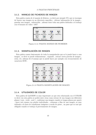 3 PALETAS PRINCIPALES
3.1.2. MANEJO DE FICHEROS DE IMAGEN
Esta paleta consta de el manejo de ﬁcheros ; es decir por ejemplo VI’s que se encargan
de buscar una imagen en un directorio especiﬁco , obtener información de la imagen ,
guardar una imagen , sobrescribir , ademas tiene toda una paleta dedicada a el trabajo
con el formato de vídeo “.AVI”.
Figura 3.1.2: PALETA MANEJO DE FICHEROS
3.1.3. MANIPULACIÓN DE IMAGEN
Esta paleta consta básicamente de toda la manipulación que se le puede hacer a una
imagen , es decir se puede redimensionar , expandir , extraer cierta porción de imagen ,
rotar, etc, ademas de el manejo que se puede hacer por ejemplo con reconocimiento de
caracteres OCR .
Figura 3.1.3: PALETA MANIPULACIÓN DE IMAGEN
3.1.4. UTILIDADES DE COLOR
Esta paleta de LabVIEW es muy importante ya que esta relacionada con el COLOR
es decir con esta paleta se podrá entre otras cosas extraer de una imagen sus diferentes
planos ( rojo , verde , azul ) , conformar una imagen cuando se tengan planos por aparte
, hacer esto mismo con pixeles individuales , columnas o ﬁlas de una imagen ;es muy
utilizado a la hora de transformar imágenes a escala de grises , un paso que es casi que
obligado cuando se trabaja el procesamiento de imagen.
10
 