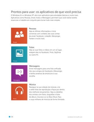 Prontos para usar: os aplicativos de que você precisa
    O Windows 8 e o Windows RT vêm com aplicativos para atividades básicas e muito mais.
    Aplicativos como Pessoas, Email, Fotos e Mensagens permitem que você realize tarefas
    essenciais e trabalhe em conjunto para tornar tudo mais simples.




                          Pessoas
                          Veja as últimas informações e inicie
                          conversas com contatos das suas contas
                          de email, Facebook, LinkedIn, Messenger,
                          Twitter e muito mais.




                          Fotos
                          Veja as suas fotos e vídeos em um só lugar,
                          estejam eles no Facebook, Flickr, SkyDrive
                          ou outro PC.




                          Mensagens
                          Envie mensagens para uma lista unificada
                          dos seus amigos do Facebook e Messenger
                          e tenha centenas de emoticons à sua
                          escolha.




                          Música
                          Navegue na sua coleção de músicas, crie
                          e edite listas de reprodução e fique por dentro
                          dos melhores lançamentos. Veja os detalhes
                          dos artistas com fotos, biografias e listas
                          de álbuns. Inscreva-se no Xbox Music Pass
                          e ouça milhares de músicas de forma ilimitada.




		 08                                                                       windows.microsoft.com
 