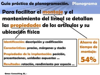 Guía práctica de planogramación.  Planograma Identificación:  descripción y codificación Características:  precios, márgenes y stocks Propiedades de la implantación:  posición, presentaciones, unidades expuestas … Resultados:  rotación, rendimiento por espacio … Ahorro de tiempo de montaje:  54% Qmax Consulting SL - 2009 Para facilitar el  montaje  y el mantenimiento del lineal se detallan las  propiedades  de los artículos y su ubicación física 