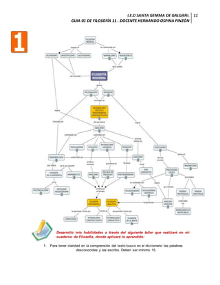 I.E.D SANTA GEMMA DE GALGANI.
GUIA 01 DE FILOSOFÍA 11 . DOCENTE HERNANDO OSPINA PINZÓN
11
Desarrollo mis habilidades a través del siguiente taller que realizaré en mi
cuaderno de Filosofía, donde aplicaré lo aprendido:
1. Para tener claridad en la comprensión del texto busco en el diccionario las palabras
desconocidas y las escribo. Deben ser mínimo 15.
 