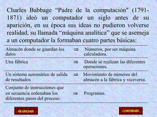 Charles Babbage “Padre de la computación" (1791-1871) ideó un computador un siglo antes de su aparición, en su época sus ideas no pudieron volverse realidad, su llamada “máquina analítica” que se asemeja a un computador la formaban cuatro partes básicas:Almacén donde se guardan los            Números, por ser máquinadatos                                                         calculadora.Una fábricaDonde se realizan las diferentes                                                                 operaciones.Un sistema automático de salida        Movimiento de números delde resultadosalmacéna lafábrica y viceversa.Conjunto de instrucciones queen secuencia ordenaban los	         Programas.diferentes pasos del proceso.