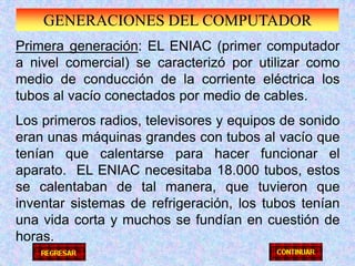 GENERACIONES DEL COMPUTADORPrimera generación: EL ENIAC (primer computador a nivel comercial) se caracterizó por utilizar como medio de conducción de la corriente eléctrica los tubos al vacío conectados por medio de cables.Los primeros radios, televisores y equipos de sonido eran unas máquinas grandes con tubos al vacío que tenían que calentarse para hacer funcionar el aparato.  EL ENIAC necesitaba 18.000 tubos, estos se calentaban de tal manera, que tuvieron que inventar sistemas de refrigeración, los tubos tenían una vida corta y muchos se fundían en cuestión de horas.