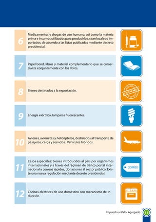 Impuesto al Valor Agregado 11
7
8
6
9
10
11
12
Medicamentos y drogas de uso humano, así como la materia
prima e insumos utilizados para producirlos, sean locales o im-
portados; de acuerdo a las listas publicadas mediante decreto
presidencial.
Papel bond, libros y material complementario que se comer-
cializa conjuntamente con los libros.
Bienes destinados a la exportación.
Energía eléctrica, lámparas fluorescentes.
Aviones, avionetas y helicópteros, destinados al transporte de
pasajeros, carga y servicios. Vehículos híbridos.
Casos especiales: bienes introducidos al país por organismos
internacionales y a través del régimen de tráfico postal inter-
nacional y correos rápidos, donaciones al sector público. Exis-
te una nueva regulación mediante decreto presidencial.
Cocinas eléctricas de uso doméstico con mecanismo de in-
ducción.
E XP O
R
T
E
X
PORT
EXPORT
CORREO
 
