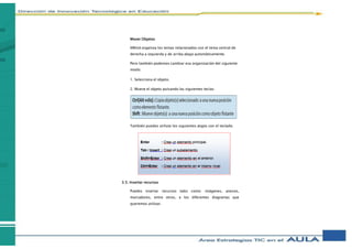 Mover Objetos
XMind organiza los temas relacionados con el tema central de
derecha a izquierda y de arriba abajo automáticamente.
Pero también podemos cambiar esa organización del siguiente
modo:
1. Selecciona el objeto.
2. Mueve el objeto pulsando las siguientes teclas:
También puedes utilizar los siguientes atajos con el teclado.
3.5. Insertar recursos
Puedes insertar recursos tales como: imágenes, anexos,
marcadores, entre otros, a los diferentes diagramas que
queremos utilizar.
 