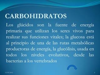 CARBOHIDRATOS
 Los glúcidos son la fuente de energía
 primaria que utilizan los seres vivos para
 realizar sus funciones vitales; la glucosa está
 al principio de una de las rutas metabólicas
 productoras de energía, la glucólisis, usada en
 todos los niveles evolutivos, desde las
 bacterias a los vertebrados

12/09/2012                                         4
 