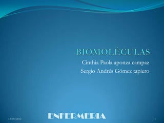 Cinthia Paola aponza campaz
                  Sergio Andrés Gómez tapiero




12/09/2012   ENFERMERIA                         1
 