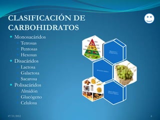 CLASIFICACIÓN DE
CARBOHIDRATOS
  Monosacáridos
     Tetrosas
     Pentosas
     Hexosas
  Disacáridos
     Lactosa
     Galactosa
     Sacarosa
  Polisacáridos
     Almidón
     Glucógeno
     Celulosa


07/11/2012         6
 