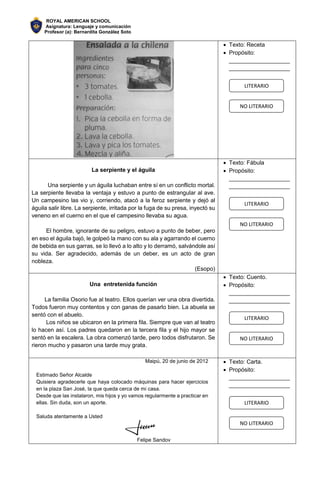 ROYAL AMERICAN SCHOOL
Asignatura: Lenguaje y comunicación
Profesor (a): Bernardita González Soto
 Texto: Receta
 Propósito:
___________________
___________________
La serpiente y el águila
Una serpiente y un águila luchaban entre sí en un conflicto mortal.
La serpiente llevaba la ventaja y estuvo a punto de estrangular al ave.
Un campesino las vio y, corriendo, atacó a la feroz serpiente y dejó al
águila salir libre. La serpiente, irritada por la fuga de su presa, inyectó su
veneno en el cuerno en el que el campesino llevaba su agua.
El hombre, ignorante de su peligro, estuvo a punto de beber, pero
en eso el águila bajó, le golpeó la mano con su ala y agarrando el cuerno
de bebida en sus garras, se lo llevó a lo alto y lo derramó, salvándole así
su vida. Ser agradecido, además de un deber, es un acto de gran
nobleza.
(Esopo)
 Texto: Fábula
 Propósito:
___________________
___________________
Una entretenida función
La familia Osorio fue al teatro. Ellos querían ver una obra divertida.
Todos fueron muy contentos y con ganas de pasarlo bien. La abuela se
sentó con el abuelo.
Los niños se ubicaron en la primera fila. Siempre que van al teatro
lo hacen así. Los padres quedaron en la tercera fila y el hijo mayor se
sentó en la escalera. La obra comenzó tarde, pero todos disfrutaron. Se
rieron mucho y pasaron una tarde muy grata.
 Texto: Cuento.
 Propósito:
___________________
___________________
Maipú, 20 de junio de 2012
Estimado Señor Alcalde
Quisiera agradecerle que haya colocado máquinas para hacer ejercicios
en la plaza San José, la que queda cerca de mi casa.
Desde que las instalaron, mis hijos y yo vamos regularmente a practicar en
ellas. Sin duda, son un aporte.
Saluda atentamente a Usted
Felipe Sandov
 Texto: Carta.
 Propósito:
___________________
___________________
LITERARIO
NO LITERARIO
LITERARIO
NO LITERARIO
LITERARIO
NO LITERARIO
LITERARIO
NO LITERARIO
 