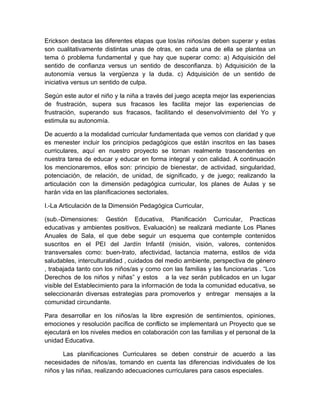 Erickson destaca las diferentes etapas que los/as niños/as deben superar y estas
son cualitativamente distintas unas de otras, en cada una de ella se plantea un
tema ó problema fundamental y que hay que superar como: a) Adquisición del
sentido de confianza versus un sentido de desconfianza. b) Adquisición de la
autonomía versus la vergüenza y la duda. c) Adquisición de un sentido de
iniciativa versus un sentido de culpa.

Según este autor el niño y la niña a través del juego acepta mejor las experiencias
de frustración, supera sus fracasos les facilita mejor las experiencias de
frustración, superando sus fracasos, facilitando el desenvolvimiento del Yo y
estimula su autonomía.

De acuerdo a la modalidad curricular fundamentada que vemos con claridad y que
es menester incluir los principios pedagógicos que están inscritos en las bases
curriculares, aquí en nuestro proyecto se tornan realmente trascendentes en
nuestra tarea de educar y educar en forma integral y con calidad. A continuación
los mencionaremos, ellos son: principio de bienestar, de actividad, singularidad,
potenciación, de relación, de unidad, de significado, y de juego; realizando la
articulación con la dimensión pedagógica curricular, los planes de Aulas y se
harán vida en las planificaciones sectoriales.

I.-La Articulación de la Dimensión Pedagógica Curricular,

(sub.-Dimensiones: Gestión Educativa, Planificación Curricular, Practicas
educativas y ambientes positivos, Evaluación) se realizará mediante Los Planes
Anuales de Sala, el que debe seguir un esquema que contemple contenidos
suscritos en el PEI del Jardín Infantil (misión, visión, valores, contenidos
transversales como: buen-trato, afectividad, lactancia materna, estilos de vida
saludables, interculturalidad , cuidados del medio ambiente, perspectiva de género
, trabajada tanto con los niños/as y como con las familias y las funcionarias . “Los
Derechos de los niños y niñas” y estos a la vez serán publicados en un lugar
visible del Establecimiento para la información de toda la comunidad educativa, se
seleccionarán diversas estrategias para promoverlos y entregar mensajes a la
comunidad circundante.

Para desarrollar en los niños/as la libre expresión de sentimientos, opiniones,
emociones y resolución pacífica de conflicto se implementará un Proyecto que se
ejecutará en los niveles medios en colaboración con las familias y el personal de la
unidad Educativa.

       Las planificaciones Curriculares se deben construir de acuerdo a las
necesidades de niños/as, tomando en cuenta las diferencias individuales de los
niños y las niñas, realizando adecuaciones curriculares para casos especiales.
 