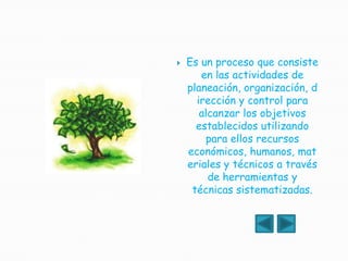 Es un proceso que consiste en las actividades de planeación, organización, dirección y control para alcanzar los objetivos establecidos utilizando para ellos recursos económicos, humanos, materiales y técnicos a través de herramientas y técnicas sistematizadas.