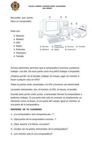 ESCUELA NORMAL SUPERIOR MARIA AUXILIADORA
SAN ANDRES
Recuerdas que partes
tiene un computador.
Estas son:
 Monitor
 Modem
 CPU
 Ratón
 Parlantes
 Impresora
 Teclado
2) Estos elementos permitan que la computadora funcione y podamos
trabajar con ella. Sin estas partes sería muy difícil trabajar o imposible.
¿Podrías escribir sin el teclado, trabajar sin mouse, jugar sin monitor o
hacer cualquier cosa sin CPU?
Todas las partes están conectadas a la CPU y funciona con electricidad.
Las partes elementales son: el monitor, la CPU, el mouse, el teclado.
Cuando estas partes están juntas y conectadas forman la computadora y
podemos trabajar. Si una parte está sola sin conectar es simplemente un
elemento como un brazo, es una parte del cuerpo; igual un monitor, es
una parte de la computadora.
RESPONDE EN TU CUADERNO
1.- ¿La computadora está compuesta por…?
2.- ¿Qué partes de la computadora conoces...?
3.- ¿Qué pasaría si le faltara una parte?
4.- ¿Cuáles son las partes elementales de la computadora?
5.- ¿Un monitor solo es una computadora?
 