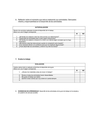 6. Reflexión sobre el momento que estuvo realizando sus actividades. Demuestra
interés y responsabilidad en el desarrollo de las actividades
AUTOEVALUACION
Reviso mis acciones realizadas durante el desarrollo de mi trabajo.
Marco con una X Según corresponda
1. ¿Mi familia me colaboró a leer las instrucciones con detenimiento?
SI NO
2. ¿Desarrolle las actividades paso a paso según indicaciones?
3. ¿Mi familia me colaboro a buscar en un libro o en internet algún concepto que no haya
entendido?
4. ¿Me devolví a leer las instrucciones cuando no comprendí como hacerlo?
5. ¿Fue necesario llamar a mi profesora para que me explicara alguna duda?
6. ¿Pude desarrollar las actividades y entendí muy bien los temas?
7. Evalúa tu trabajo
EVALUACION
Implica valorar todo lo realizado al terminar el desarrollo de la guía
Marco con una X según corresponda
1. ¿Revise mis materiales antes de iniciar mi trabajo?
SI NO
2. Revise si todas las actividades fueron desarrolladas
3. Me gusto el trabajo que realice
4. Aprendí cosas nuevas que voy a tener en cuenta siempre
5.
8. EVIDENCIAS DE APRENDIZAJE: Desarrollo de las actividades de la guía de trabajo en la carpeta y
el cuaderno de ciencias sociales
 