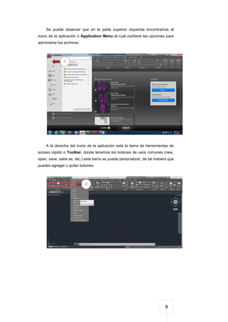 5
Se puede observar que en la parte superior izquierda encontramos el
icono de la aplicación o Application Menu el cual contiene las opciones para
administrar los archivos.
A la derecha del icono de la aplicación está la barra de herramientas de
acceso rápido o Toolbar, donde tenemos los botones de usos comunes (new,
open, save, sabe as, etc.) esta barra se puede personalizar, de tal manera que
puedes agregar o quitar botones
1
2
 